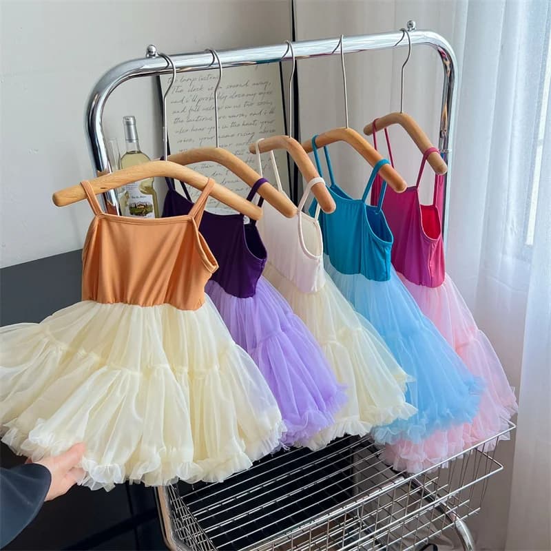 Vestito Estivo in Tulle per Bambine 2026, Nuovo Abito Principessa Casual Senza Maniche con Spalline, Moda Bambini