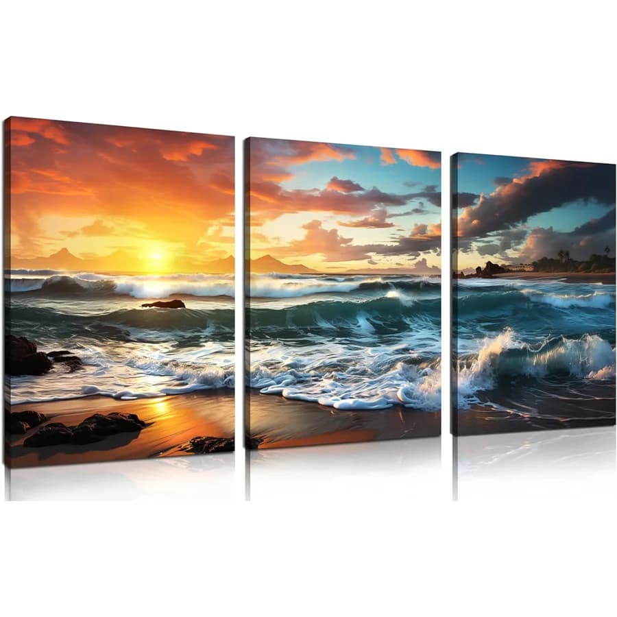 Sunny Coastal Beach Pictures diamond Painting Artwork 3 Piece diamond mosaic sunset Ocean view Wall Decor for Bedroom Bathroom