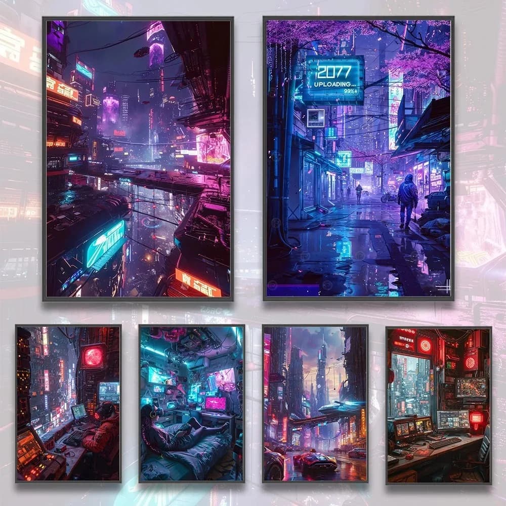 Cyberpunk City Posters Figures Home Decoration Canvas Painting Wall Arts Cartoons Computer Room