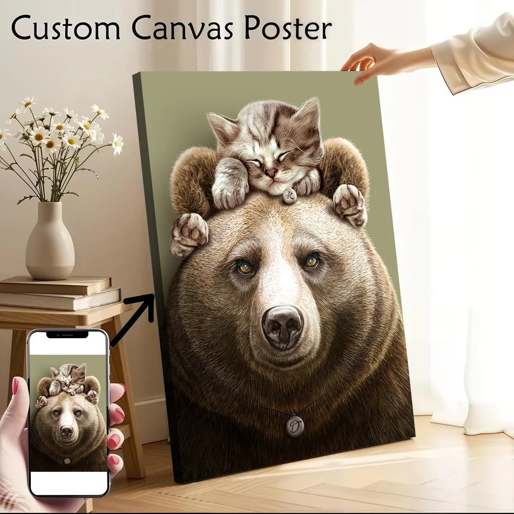 Poster CAT ON BEAR, pittura su tela stampata personalizzabile per immagini, decorazione da parete, decorazione per soggiorno, cornici decorative