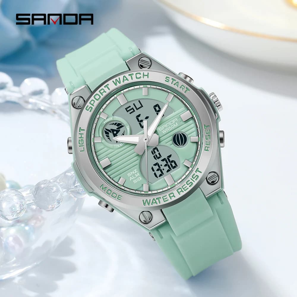 SANDA 6067 Orologio digitale da donna Macaron Sport Cronografo Calendario Lady Orologio da polso al quarzo 50m Orologio elettronico a LED impermeabile