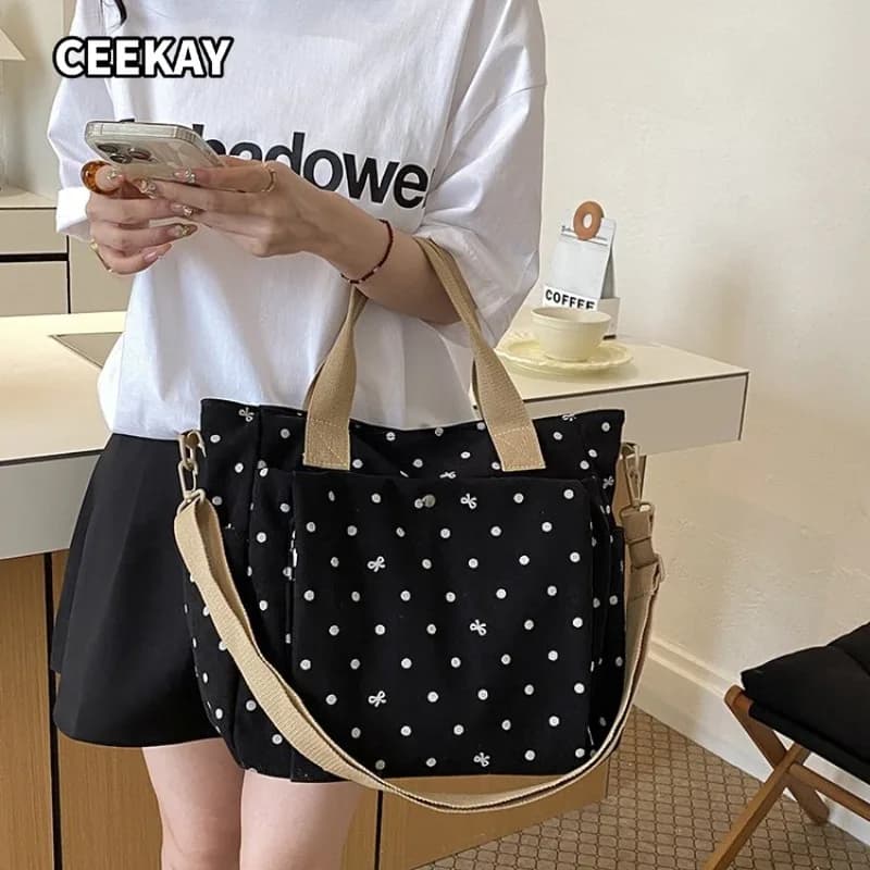 CEEKAY Women's Tote Bag Sage Green Polka Dot Canvas Multi Pocket Shoulder Handbag Long Strap Daily Casual Minimalist Style