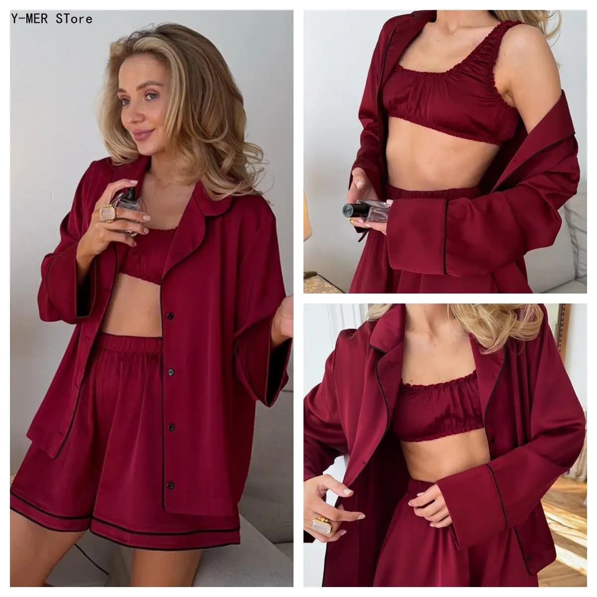 Elegant Ladies Soft Ice Silk 3-Piece Pajama Set Long Sleeve Cardigan Camisole Short Pants Loose Home Wear for Autumn