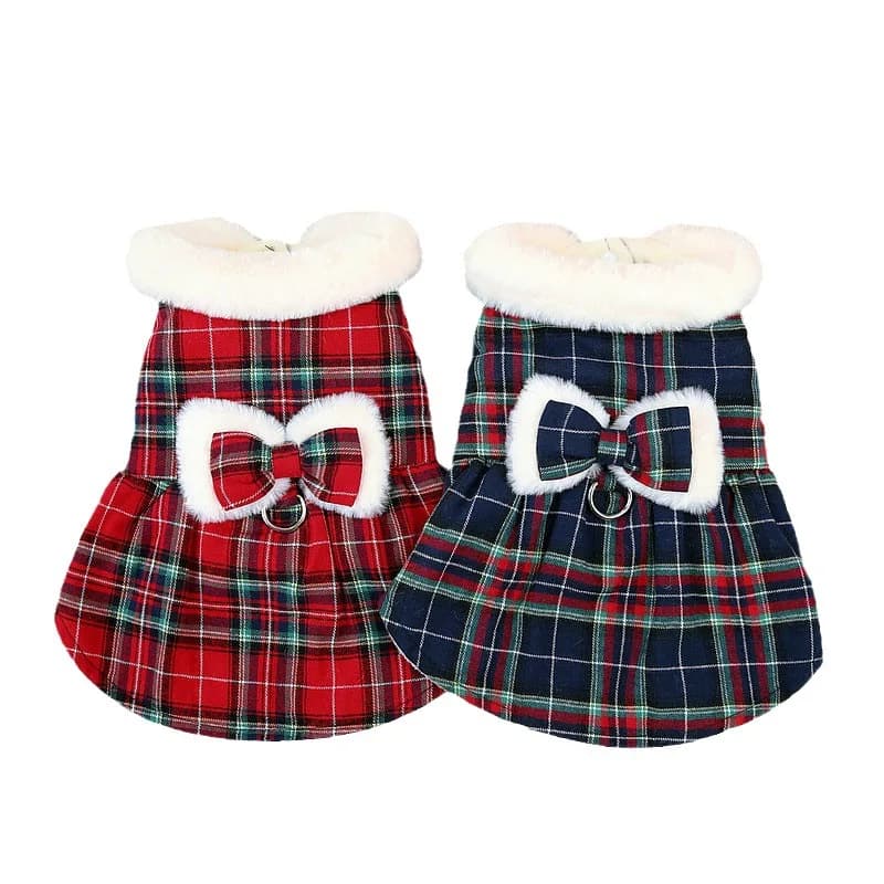 Vestiti per cani Bowknot Gonna in cotone Abbigliamento autunno inverno per animali domestici Gonna carina da donna con gancio per guinzaglio Elegante gonna in cotone scozzese