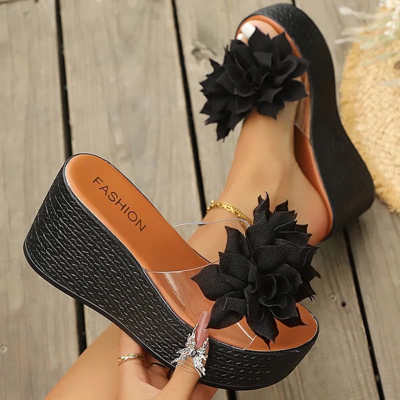 Sandali con Zeppa Trasparenti in PVC da Donna, Collezione Estate 2026, con Decorazioni Floreali Nere, Suola Spessa, Ciabatte da Spiaggia