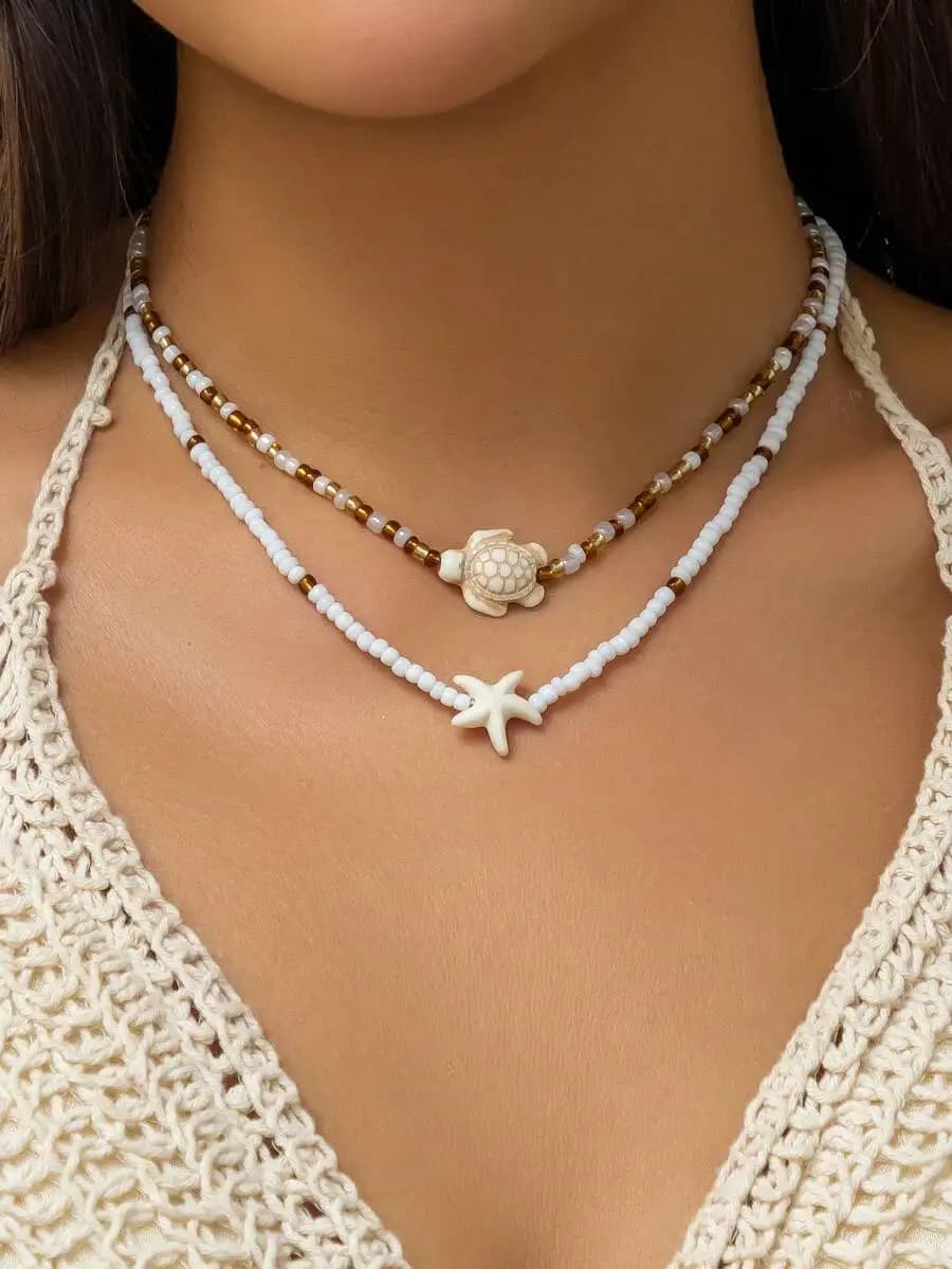 2pcs Vintage Bohemian Style Starfish & Sea Turtle Shaped Pendant Beaded Choker Necklace For Women / Ladies Fashion Jewelry Set /