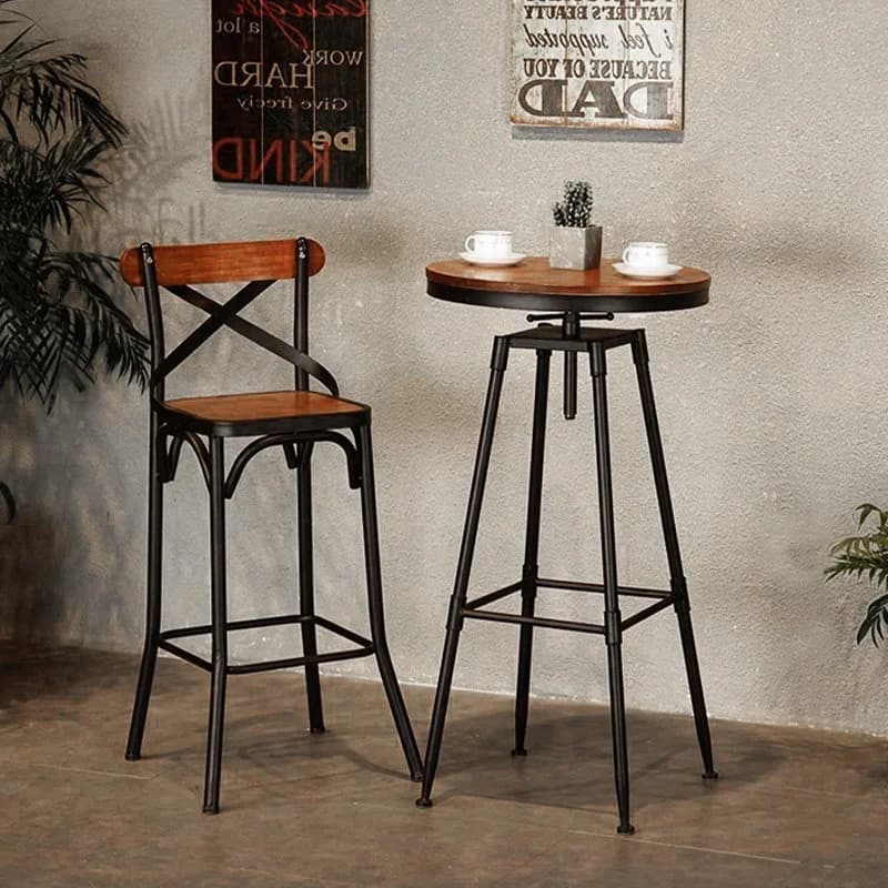 Tavolo da bar rotondo in stile industriale con piano in legno massello e gambe in metallo, set tavolo e sedie da cucina/bar