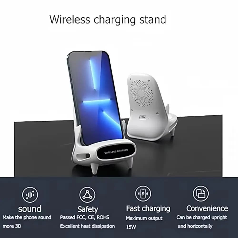 Caricatore Wireless 15W a Forma di Sedia, Supporto da Tavolo per Ricarica Rapida, Supporto Creativo per Telefono per iPhone/Samsung/Xiaomi