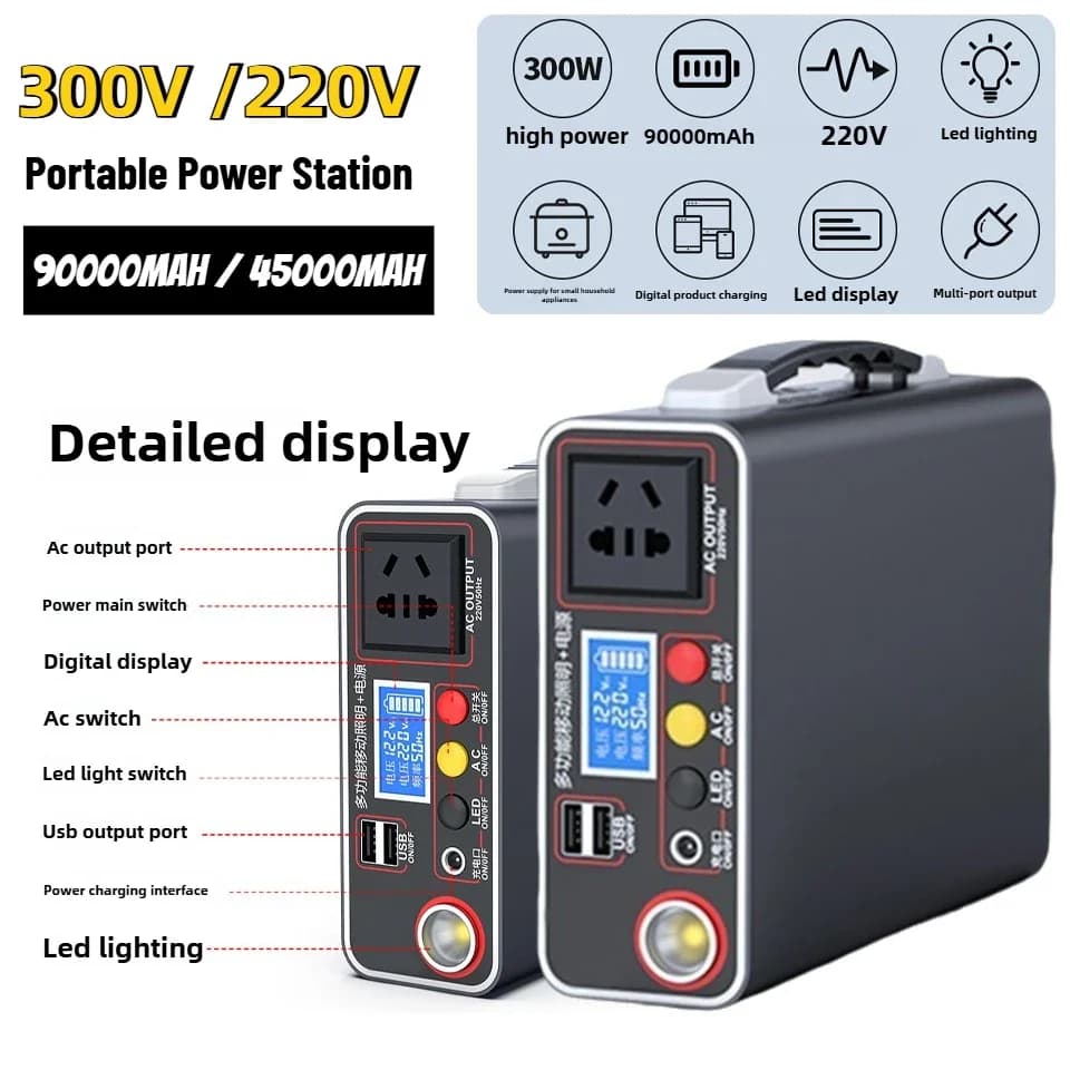 Stazione di alimentazione portatile 300W 220V 90000mAh 333Wh Accumulatori e caricabatterie di riserva Generatore solare Batteria LiFePO4 Alimentazione di backup per campeggio esterno