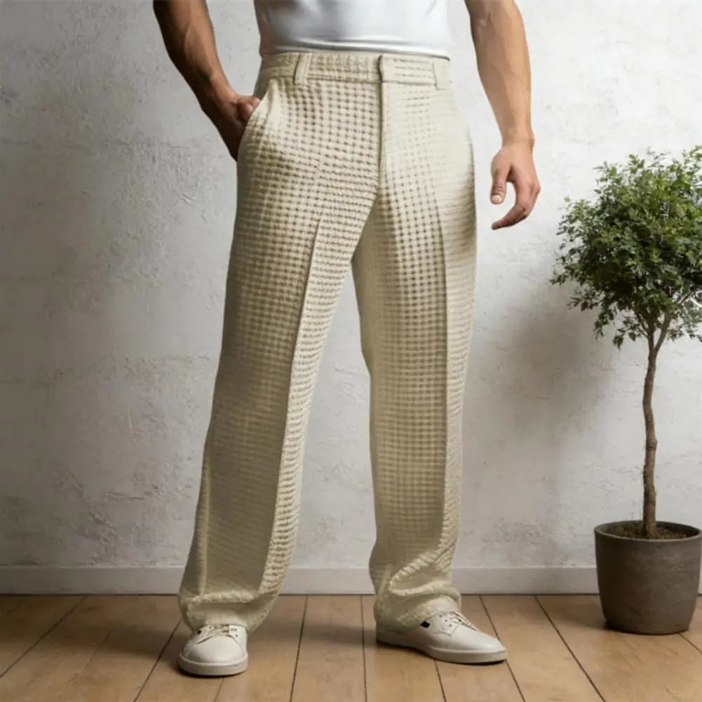 Pantaloni eleganti da uomo in tessuto waffle, casual, da lavoro, a gamba larga, con passanti per cintura, per ufficio, appuntamenti, vacanze e uso quotidiano