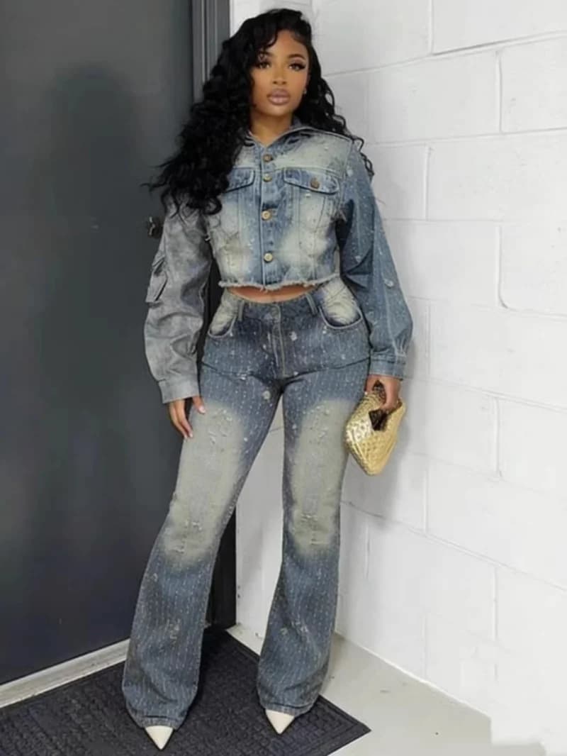 Set di Moda in Denim a 2 Pezzi per Donna, Abbigliamento Primaverile, Giacca con Cappuccio, Top Corto, Jeans Dritti, Completo Stile Cowboy