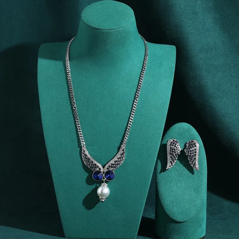 Vintage Blue Crystal Pearl Jewelry Sets Wing Antique Silver Plated Black Rhinestone Pendant Necklace Earring Luxury Designer New