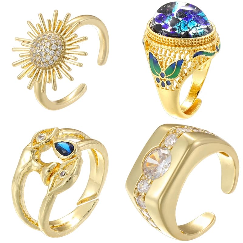 18K Gold-Plated Brass, Maximalist Vintage Antique Metal Zircon Ring, Unisex Hip Hop Y2K Style Adjustable Jewellery:VJ949-VJ952