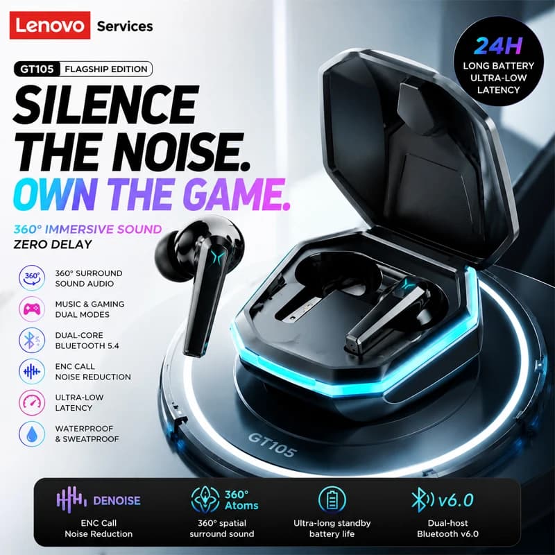 Choice New Lenovo GT105 Auricolari Bluetooth wireless ANC con riduzione del rumore, cuffie Bluetooth HiFi per musica, cuffie da gioco per uomo