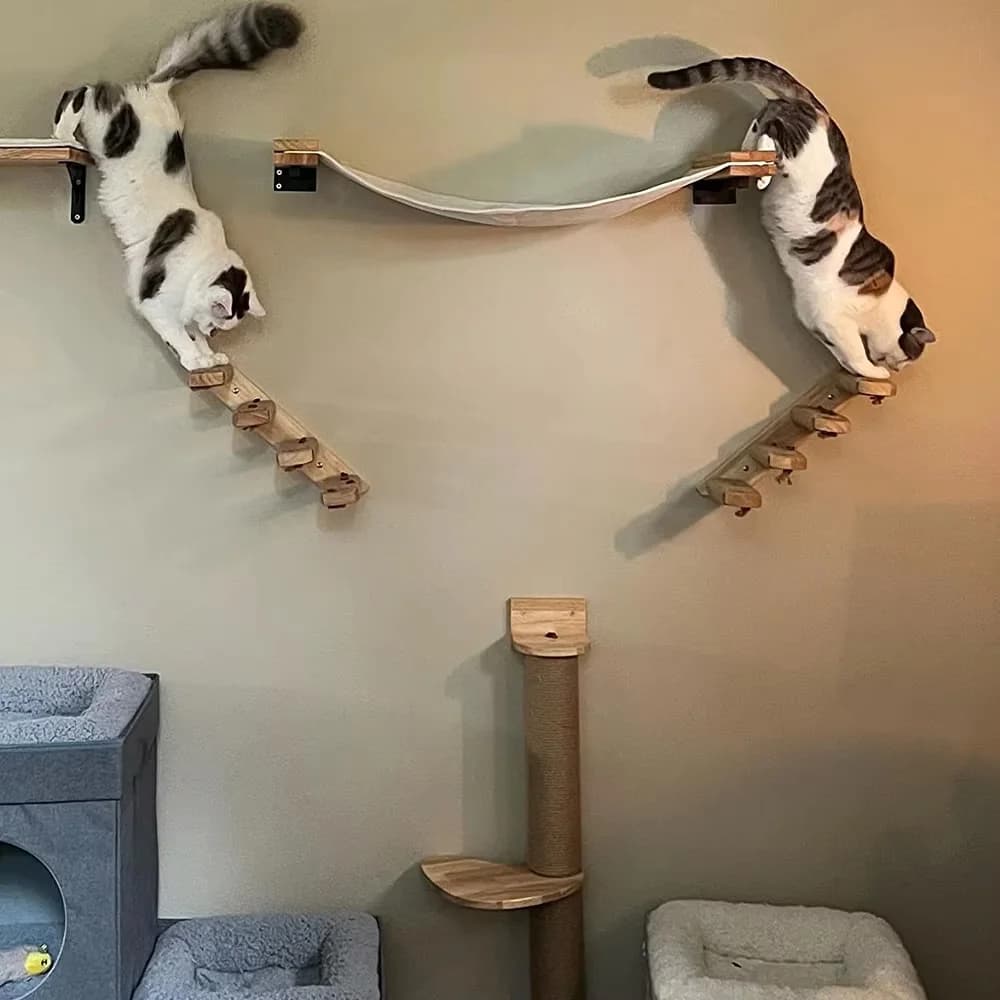 Wall Mounted Cat Furniture Indoor Cat Climbing Ladder Hammock Sisal Scratching Post Cat Perch Platform Rest Bed Wall Cat Tree