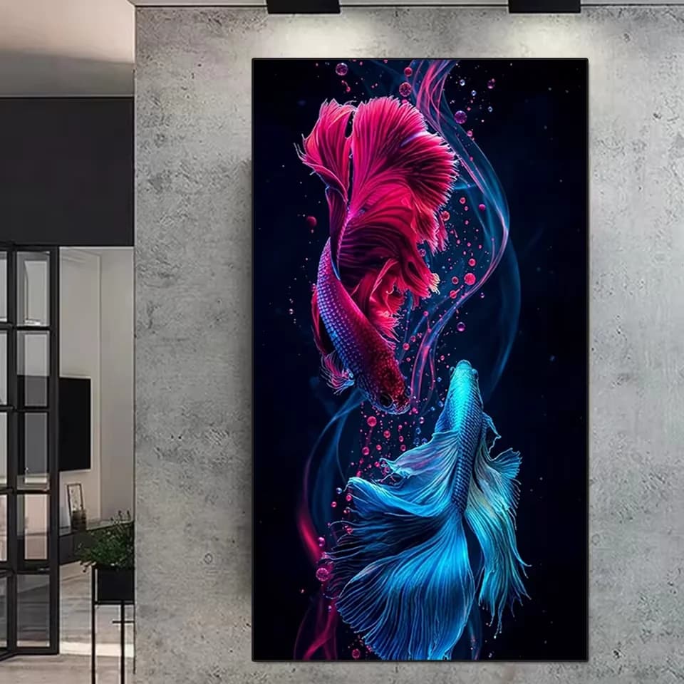 DIY Diamond Painting Kit for Adults, Red Blue Fish in Yin Yang Style Full Diamond Art, Mosaic Cross Stitch, Home Decor Gift