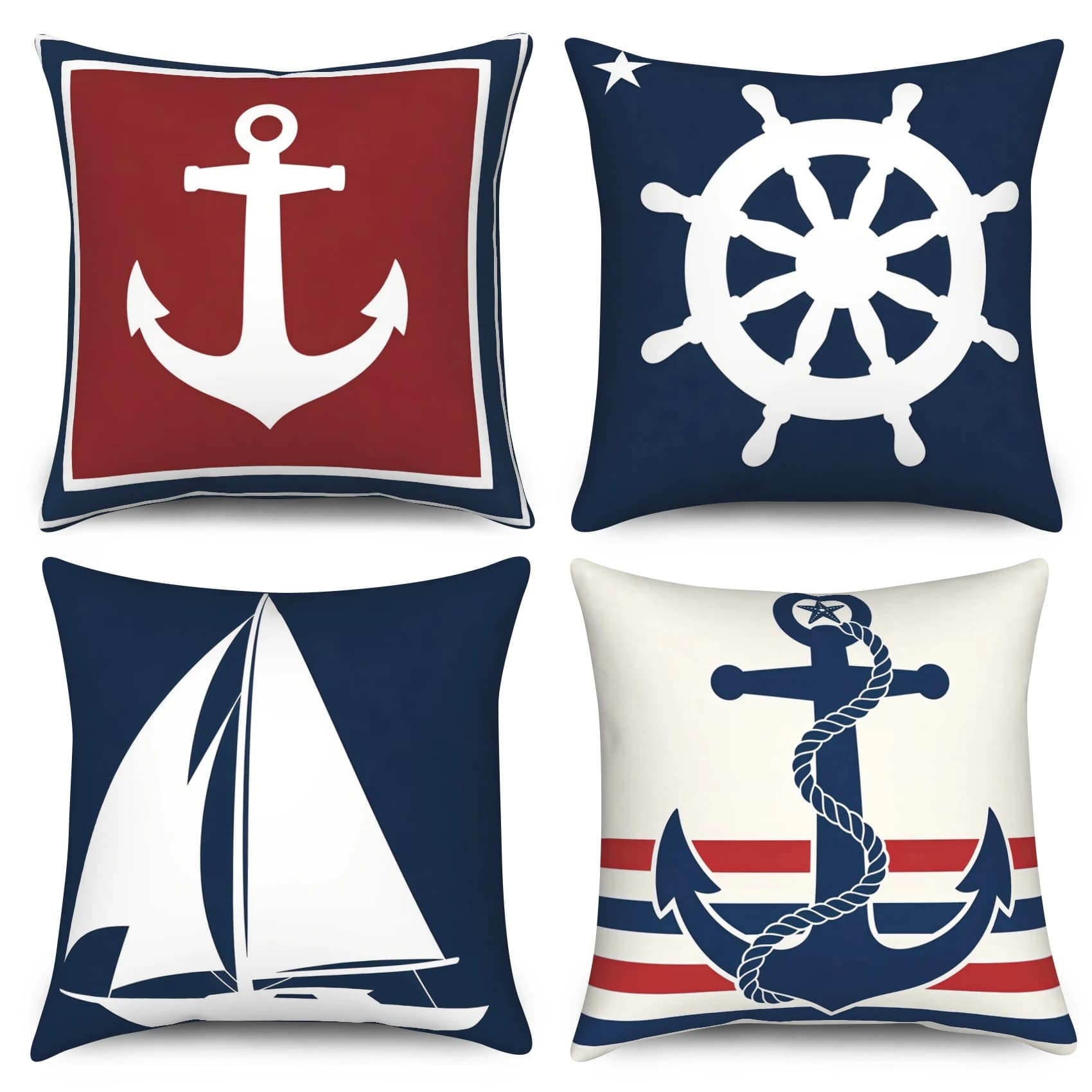 Set di 4 Federe a Tema Nautico, Blu Navy e Rosso con Ancora e Barca a Vela, in Poliestere e Lino per Arredamento Costiero