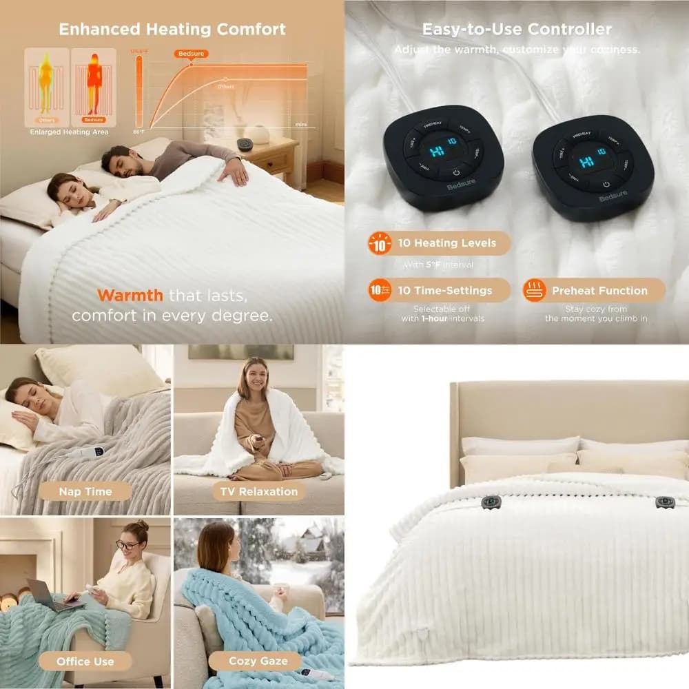 Coperta elettrica king size in flanella a righe a doppio controllo, 10 impostazioni di calore/tempo, spegnimento automatico, 90x100 bianco