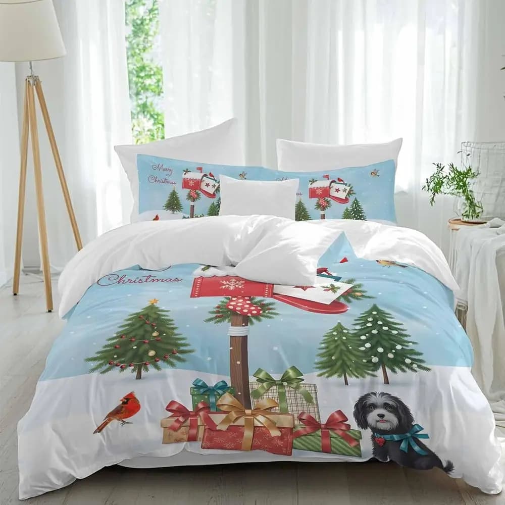 Comfortable set of duvet cover with Christmas trees with snowflakes and dog, breathable bed linen in 4 pieces for full size beds