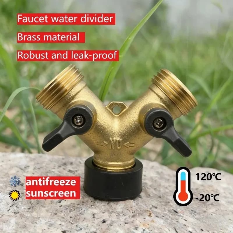 Connettore a Y in ottone resistente a 2 vie per tubo da giardino, 3/4 pollici, con doppia valvola, per rubinetto esterno, senza perdite, accessori per irrigazione