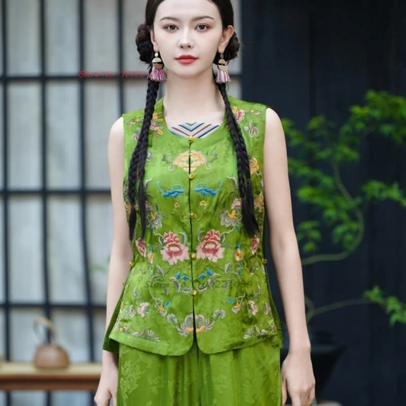 2026 chinese vintage satin jacquard vest traditional o-neck folk vest national flower embroidery vest oriental sleeveless jacket