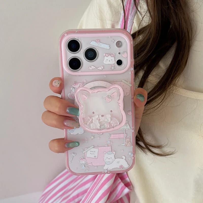 Korean Cute Puppy Magnetic Phone Case For iPhone 17 Pro 16 15 Pro Max Cover with Magsafe Stand Holder Shockproof Kawaii Cases