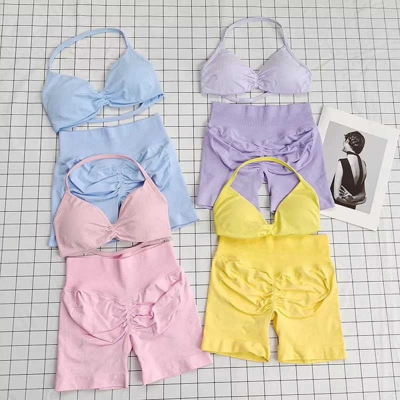 Set da palestra da donna in 2 pezzi, top con collo all'americana, pantaloni attillati senza cuciture in stile yoga, tuta sportiva, set da allenamento.