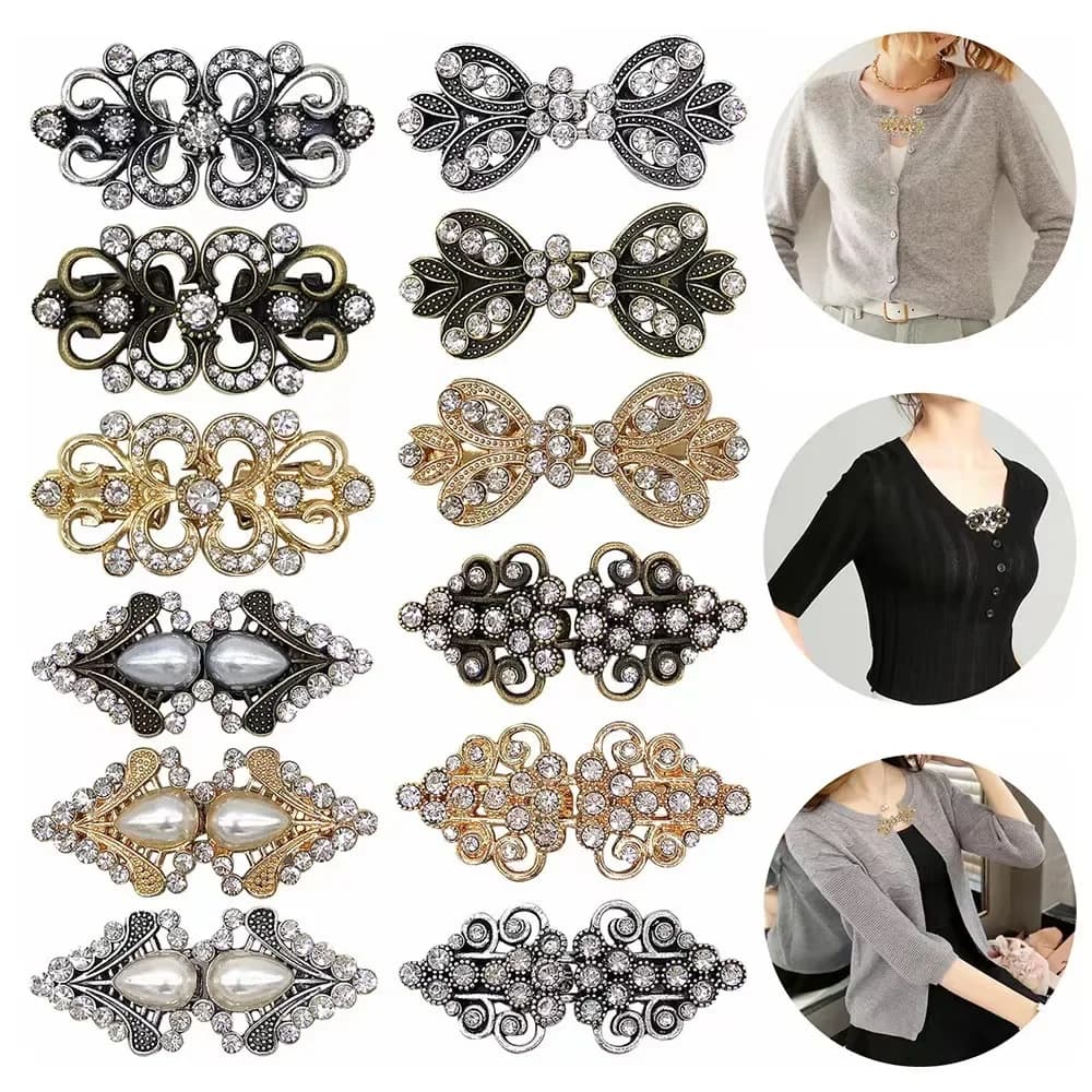 1 paio di clip per colletto cardigan in lega lucida, decorazione da donna, mantello in cristallo, fermagli per mantello, elementi di fissaggio, fibbia, spilla