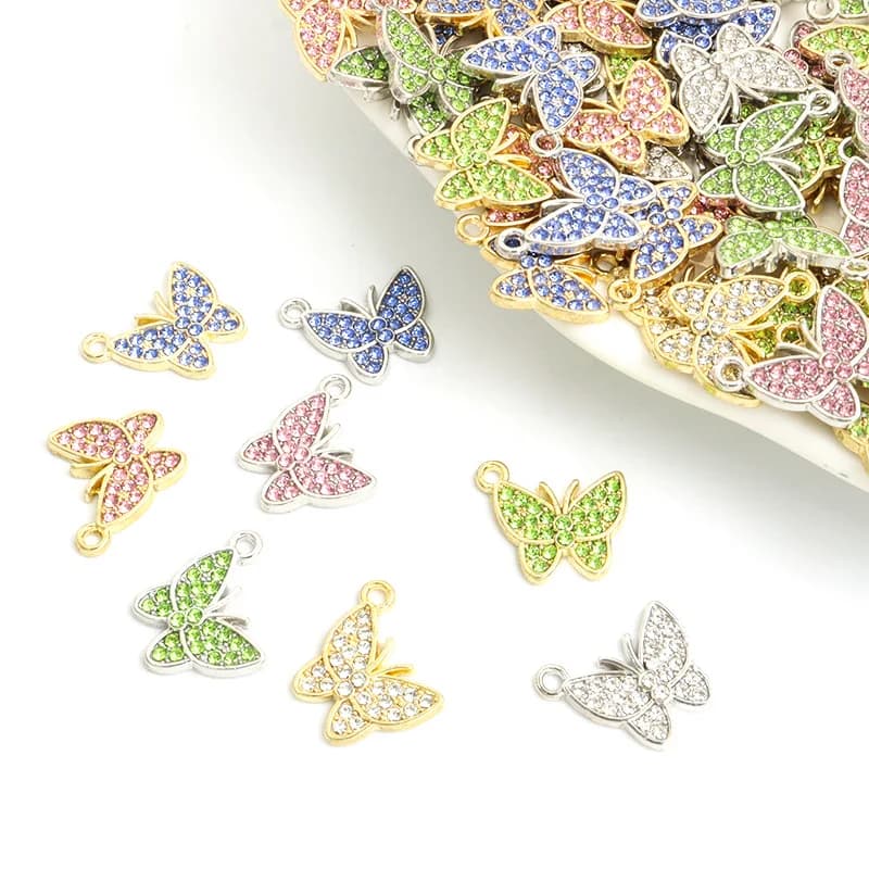 100PC/lot butterfly Pendant Charm crystal hanging charms DIY Alloy jewelrys Fit For Bracelet Necklace keychains making