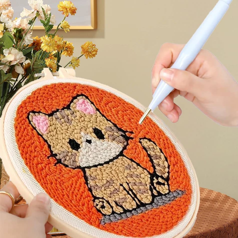GATYZTORY punch needle embroidery set kit Cat Cute Animal Picture Cross stitch kits Embroidery frame crafts for adults Diy Gift
