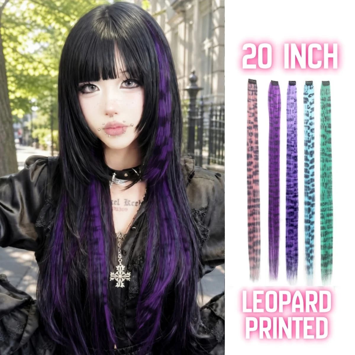 2/7 Pezzi Extension per Capelli Sintetici da 20 Pollici con Stampa Leopardata Colorata, Parrucca con Clip per Donna, per Halloween, Feste e Uso Quotidiano