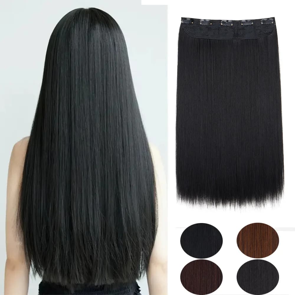 Extension per capelli invisibili sintetiche lunghe 60/80/100 cm con 5 clip, effetto naturale, nere e castane, per donna