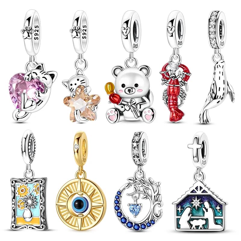 New original 925 silver pendants with sunflower, star, moon, cat, pendants for women's bracelet, girl, DIY jewelry
