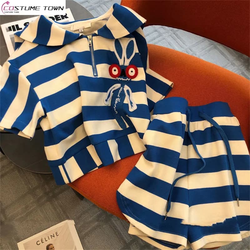 Set of two pieces of casual fashion casual spring and summer slim fit printed striped short sleeves + shorts