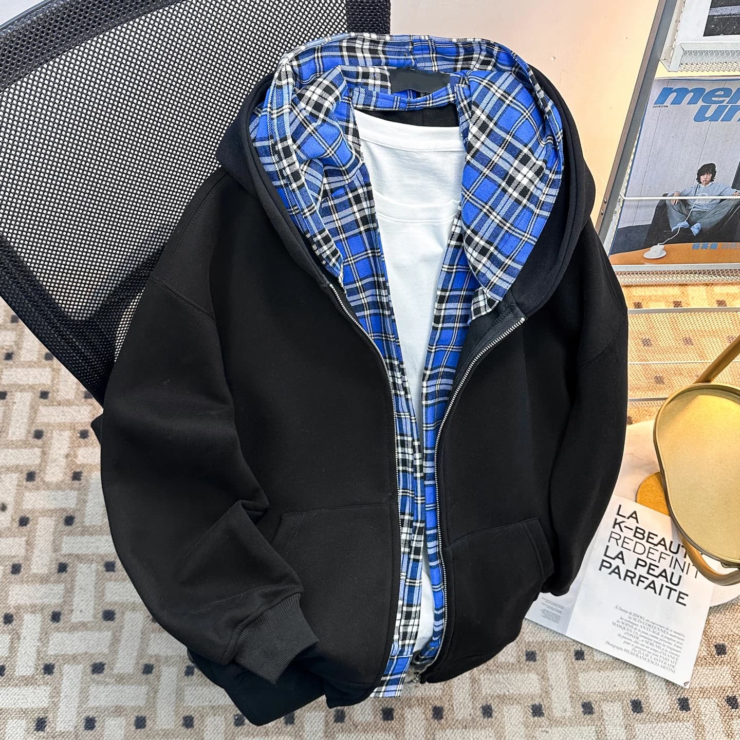 Double Zipper Open Cardigan Plaid Hoodie Men's Layered Design American Style Couple's Double Layer Hoodie Jacket