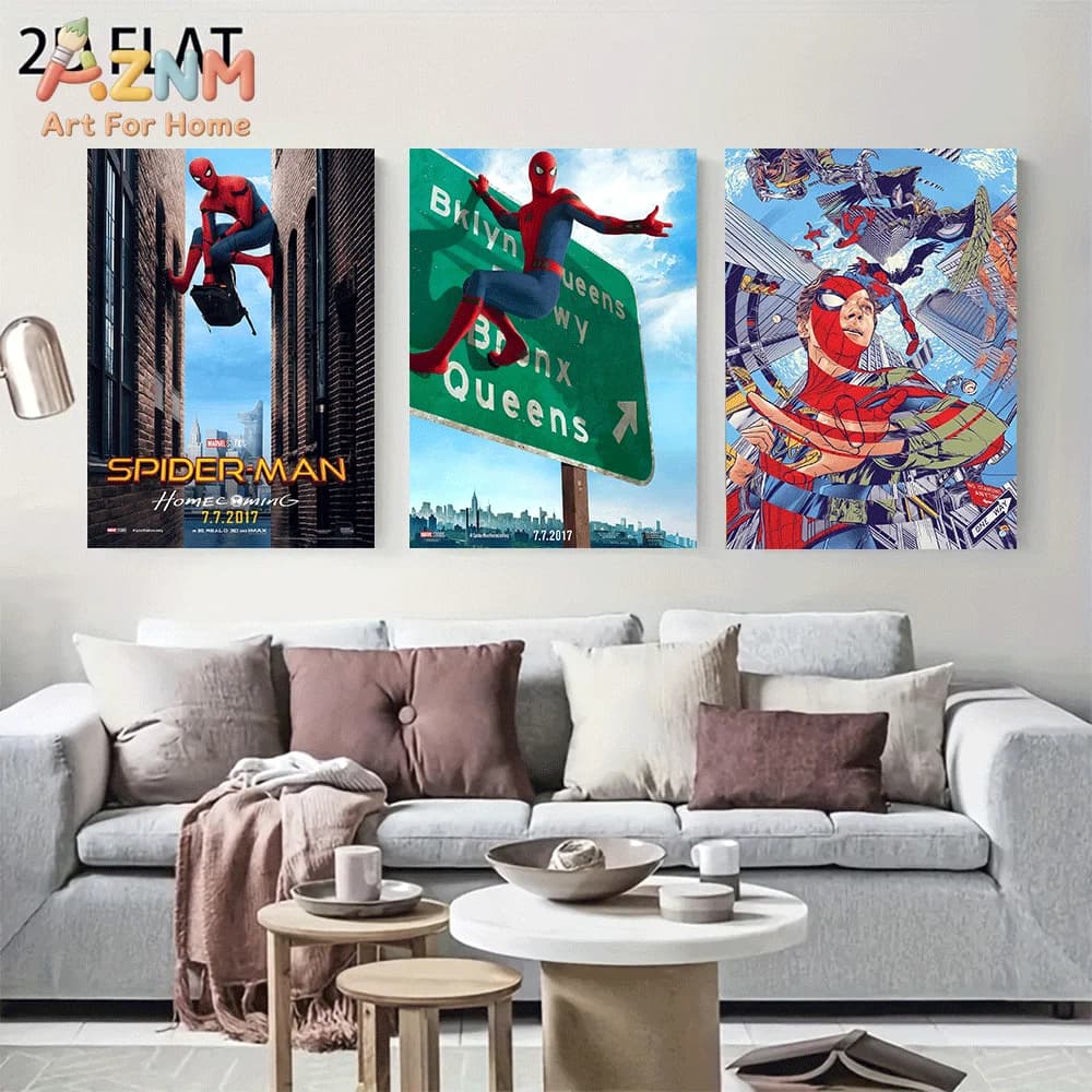 AZNM Spider-Man Homecoming Movie Canvas Wall Art Frameless Poster New York City Street Sign Superhero Action Print Home Boys Bed