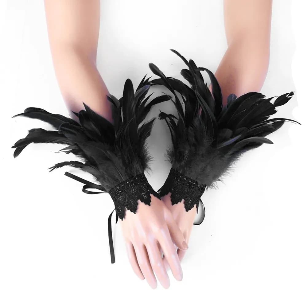 New Black Fluffy Feather Wrist Cuffs Adjustable Lace Halloween Arm Cuff Gloves Lightweight Gothic Plume Bracelet Cosplay