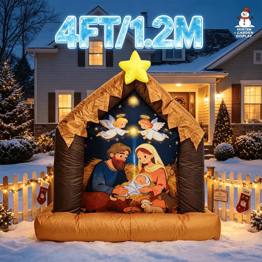 4FT Christmas Inflatable Toy LED Light Up Nativity Scene Manger Yard Decor Holy Family Outdoor Lawn Xmas Holiday Decoration