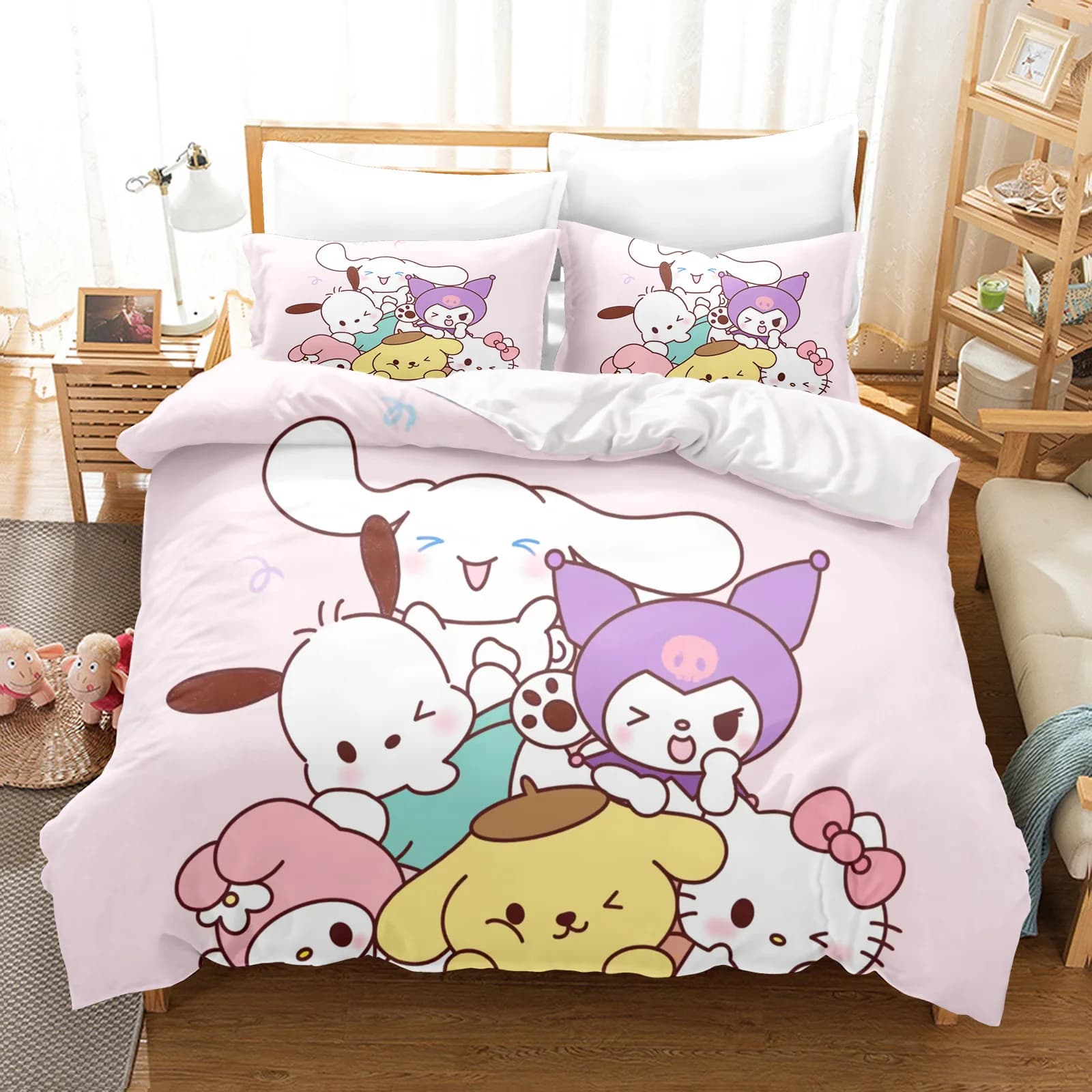 Sanrio 3D bed linen set for children, 3 pieces duvet cover, 100% polyester, print with cute cartoon characters, Koromi and Cinnamon Dog.