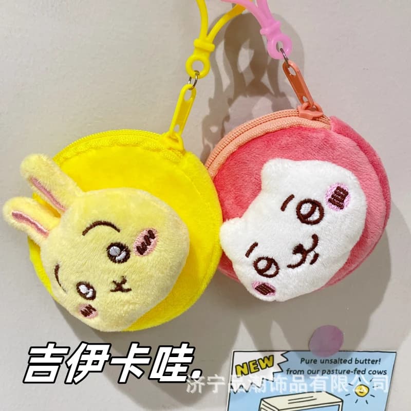Portamonete in peluche Kawaii Chiikawa, borsellino rotondo con cerniera e portachiavi, grazioso mini portafoglio animale rosa e giallo, morbida borsa portaoggetti in pelliccia sintetica