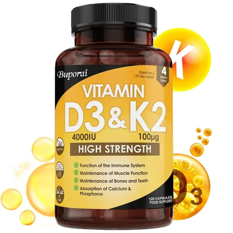 Vitamin D3 and K2 supplements: promotes calcium absorption and enhances the immune system, helps improve bone health