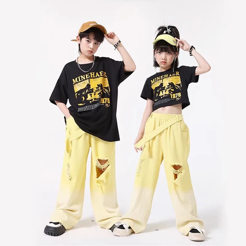 Abbigliamento Hip Hop per bambini T-shirt corta con stampa nera Top Pantaloni jeans strappati con cinturino in denim giallo per vestiti per costumi da ballo jazz per ragazza ragazzo