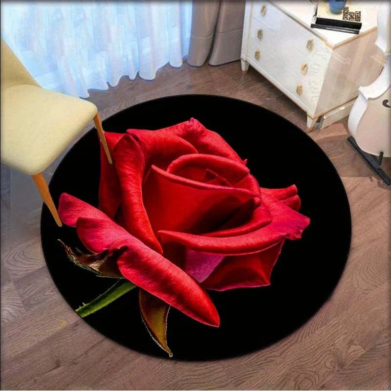 Tappeto rotondo in velluto rosa rossa – Tappeto romantico antiscivolo per soggiorno, camera da letto e decorazioni per la casa