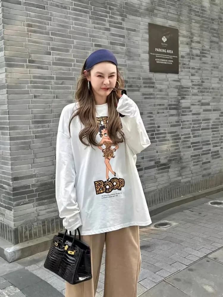 Magliette Anime Betty Boop a Maniche Lunghe, Carine Y2K, Abbigliamento con Stampa Leopardata per Donne, T-Shirt Cartoon The Spice Girls, Regalo