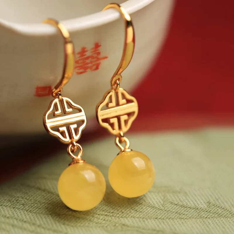 Orecchini artigianali in oro antico calcedonio naturale per le donne perline gialle orecchini geometrici traforati design gioielli di lusso leggeri
