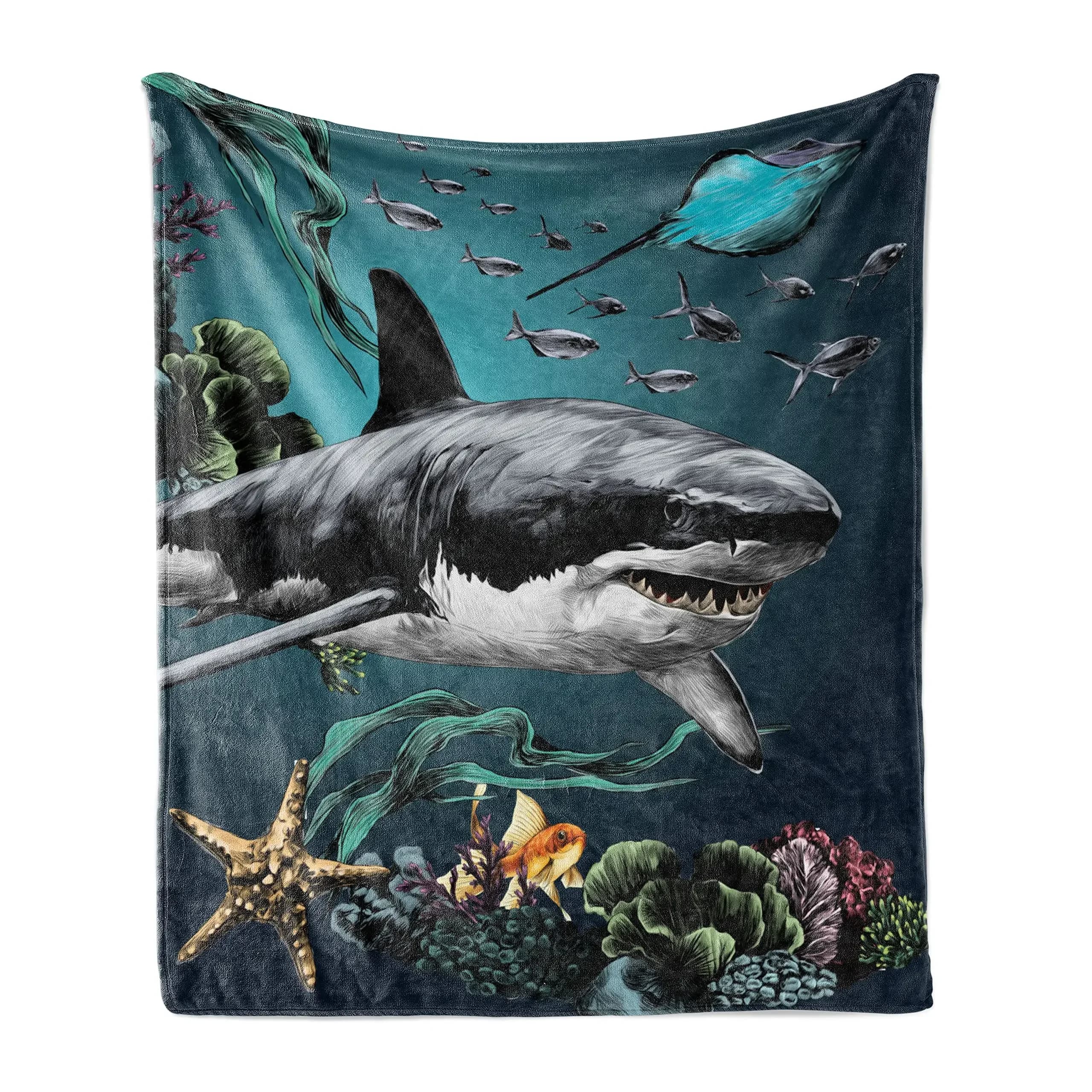 Coperta da tiro con squalo, scena di vita marina subacquea con pesci e piante di mare coralli coperta morbida di flanella di stelle Marine per regalo per adulti
