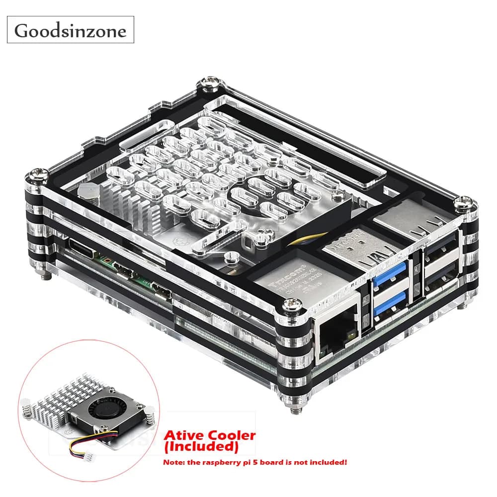Acrylic Case with Active Cooling Fan Kit for Raspberry Pi 5, Pi5 Shell Heat Sink Case for Raspberry Pi 5 4GB/8GB