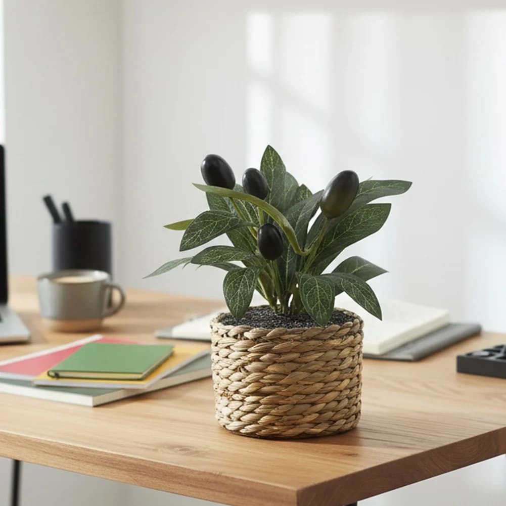 Artificial Olive Tree Potted Plant for Desk Shelf Decor Plastic Woven Foliage Indoor Green Accent for Home Office Space