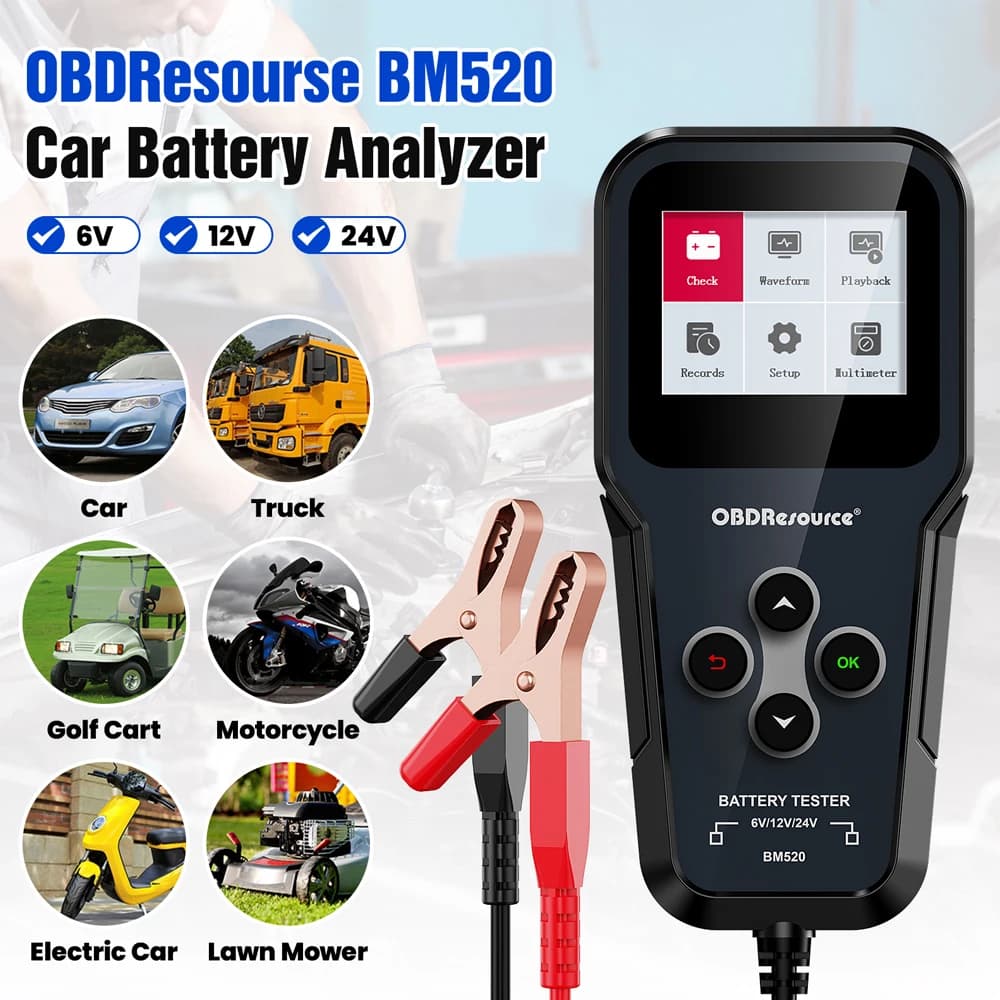 Tester per Batterie Auto OBDResource BM520 6V 12V 24V 100-2000CCA, Analizzatore di Tensione e Test di Avviamento/Ricarica