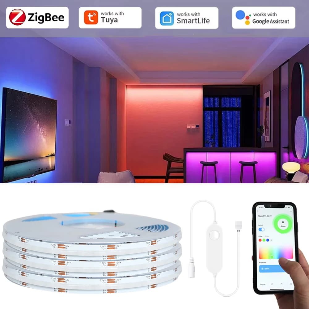 KIT completo Tuya Zigbee COB RGB LED Strip 12V 1m 2m 3m 5m 10m Dimmable Cabinet Bed Room Light fr Alexa Google Assistant SmartThings